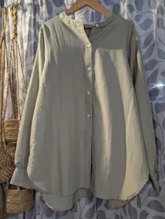 ライトグリーン バンドカラーシャツ 長袖