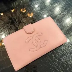 良品　シャネル 長財布　カメリア　レザー　ピンク　ベージュ　ココマーク CHANEL（シャネル） ラウンドファスナー長財布 カメリア レザー ピンク