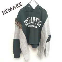 L相当　プリントパーカー×ドッキングパーカー　ダメージ加工　ゆったり古着リメイク