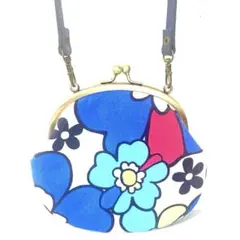 レトロポップな花柄のがま口ポーチ(ネイビー持ち手付)