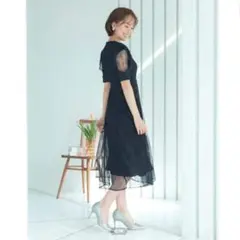 ハレモード フロッキードットパーティードレス haremode M ネイビー
