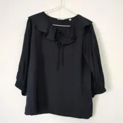 新品UNIQLO×JW ANDERSON フリルブラウスMネイビー リボン七分袖