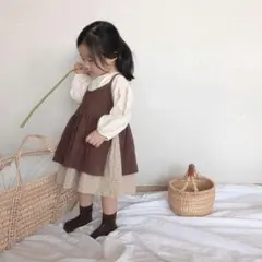キッズ　ワンピース　チェック　ブラウン　２点セット　韓国子供服　新品未使用