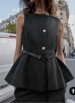 ZARA　 ベスト　ジレ　ベルト付きヘリンボーンペプラムベスト　Lのサムネイル