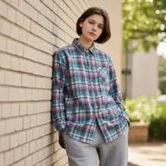 【359】WOOLRICHウールリッチチェックネルシャツW's M 水色×ピンク