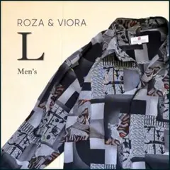 ヴィンテージ 総柄シャツ 長袖 レトロ モード アート柄 モノトーン 古着 L