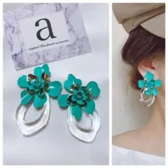 2294-3 2way シルバー☺︎グリーンフラワーのピアス×クリアフープ☺︎