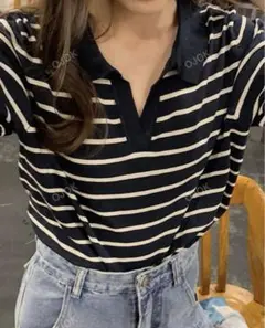 SHEIN ポロネック ストライプ Tシャツ ネイビー