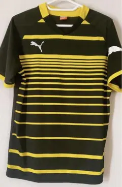 PUMA 半袖ドライTシャツ ボーダー柄 Vネックブラック×イエロー