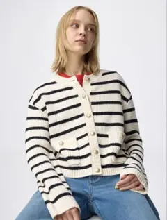 ジーユー　/　ツイーディーニットボーダーカーディガン　ナチュラル　M