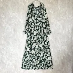 【ザラ】 総柄長袖マキシ丈ワンピース EUR/S グリーン 袖パフスリーブ