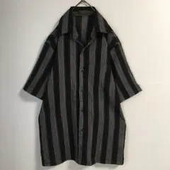 90s 古着 オープンカラー リネン混 ストライプシャツ 透け感 メンズ 黒白赤