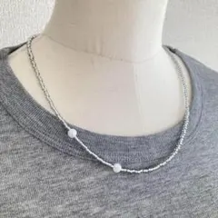 ハンドメイド　ビーズネックレス　ビーズアクセサリー　シルバー/パール　10