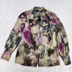 ◆24SS 極美品 ローレンラルフローレン ボウタイ ブラウス 比翼ボタン 総柄