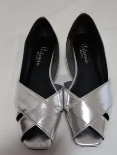 片足150g 軽量 オープントゥフラットシューズ （シルバー箔人工皮革）