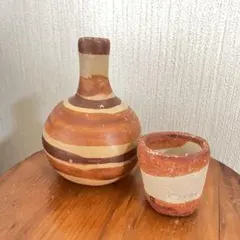 メキシコ製ストライプ陶器ポットカップセット　おちょこ　メキシコ　mexico