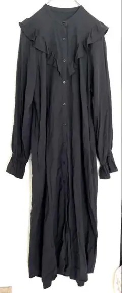 LOWRYSFARMフリル付き黒長袖シャツワンピース