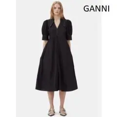 GANNI 襟付き Vネック パフスリーブ ロング フレアワンピース 黒 34のサムネイル