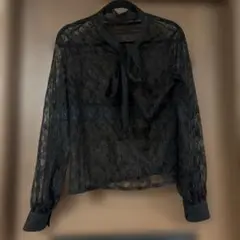 黒 レース 長袖ブラウス リボン付き