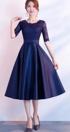 ネイビー レースドレス ウエストリボン付き、お呼ばれドレス、ドレス、結婚式