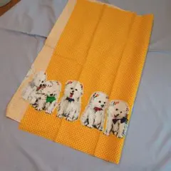 子犬イラストの綿生地 水玉模様　レトロ