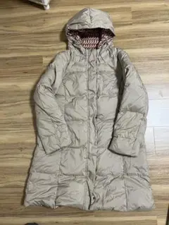 リバーシブル ダウンコート ロング丈 フード付き ベージュ×総柄