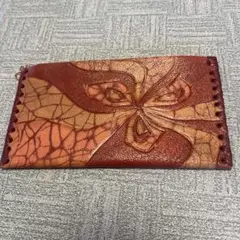 レザー製ファスナー付きポーチ 赤金