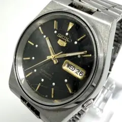 【稼働】 SEIKO 腕時計 セイコーファイブ 黒文字盤 シルバー メンズ