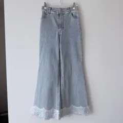Heather ヘザー 裾レース ワイドデニムパンツ ライトブルー Mサイズ
