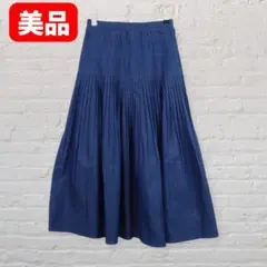 デニム風 プリーツスカート ウエストゴム ロング