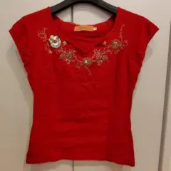 【Used】sunauna ＊赤色＊金色の 刺繍 ＊半袖Tシャツ ＊38のサムネイル