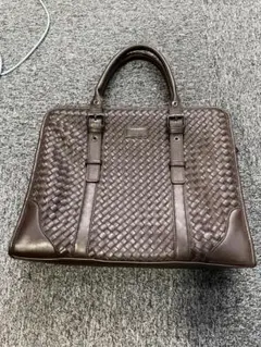 ブラウン レザー 編み込みデザイン ビジネスバッグ