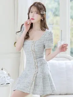 新品スクエアネックミニドレス/プリーツスカート/ツイード/ミニドレス/キャバ