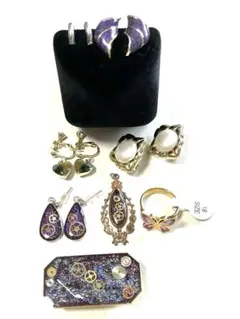 イヤリング　指輪　紫と金色の歯車モチーフアクセサリーセット　8個セット