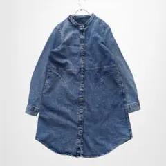 デニムシャツワンピース ストレッチ ノーカラー 色落ち加工【M】