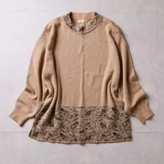 vintage ニット ラメ切替デザイン 総柄 上品 日本製 レディース M