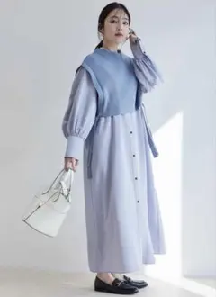 【美品】ViS-a-ViS バンドカラーシャツワンピース＆ニットベストセットのサムネイル