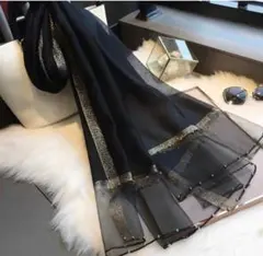 フォーマル結婚式ドレス羽織ストール薄手大判ビジュ付ブラック黒シフォンショール