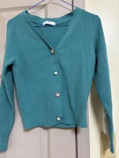 ターコイズ色リブ編みカーディガン