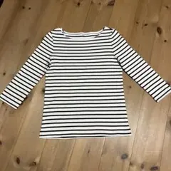 【ほぼ新品‼️】無印良品　濃茶ストライプ ボートネック 7分袖 Tシャツ