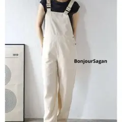 【BonjourSagan】リネン混オーバーオール アイボリー白 大人カジュアル