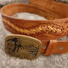 メキシコ製 ブラウンレザー 編み込み バックルベルト インディアン