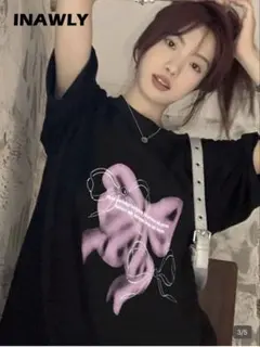 SHEIN XL 黒 Tシャツ ピンクリボンプリント