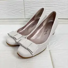 【美品】銀座カネマツ パンプス リボン スクエアトゥ ホワイト 22.5cm