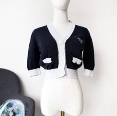 PRADA 2022 バイカラー クロップド ニットカーディガンロゴ刺繍 半袖のサムネイル
