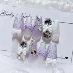 Ｎｏ．現品 ネイルチップハンドメイド 紫白埋めつくしリボンフリル韓国大人ちゅるん
