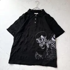 絡繰魂 ポロシャツ 和柄 ドクロ 髑髏 M 刺繍 迷彩ジャガード ブラックのサムネイル