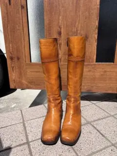 ブラウン レザー ロングブーツ サイドファスナー