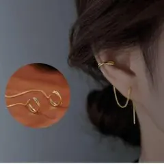 P-63G.イヤーカフ風　チェーンスレッダーピアス　ゴールド　両耳　ロング　韓国