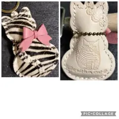 ヌメ革本革ハラコしま猫キーホルダーキーリングハンドメイドレザークラフト⑨